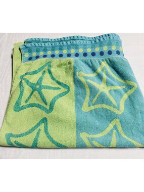 Vintage Palm Cove Beach Bath Towel 33 X 64 Sea Stars Cotton Pastel Green Blue
